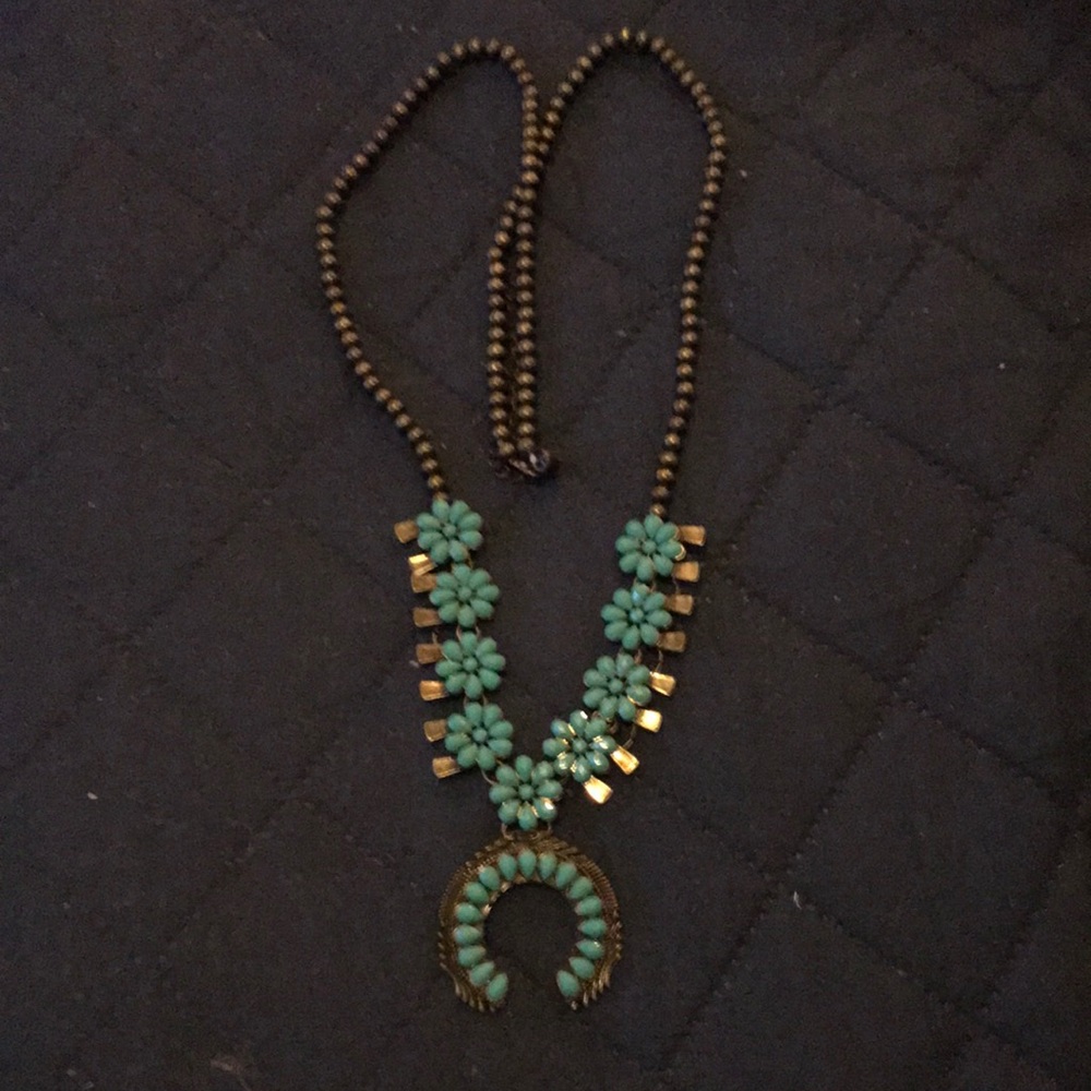 Squash Blossom Turquoise Floral & Bronze 
Necklace 31” with extender